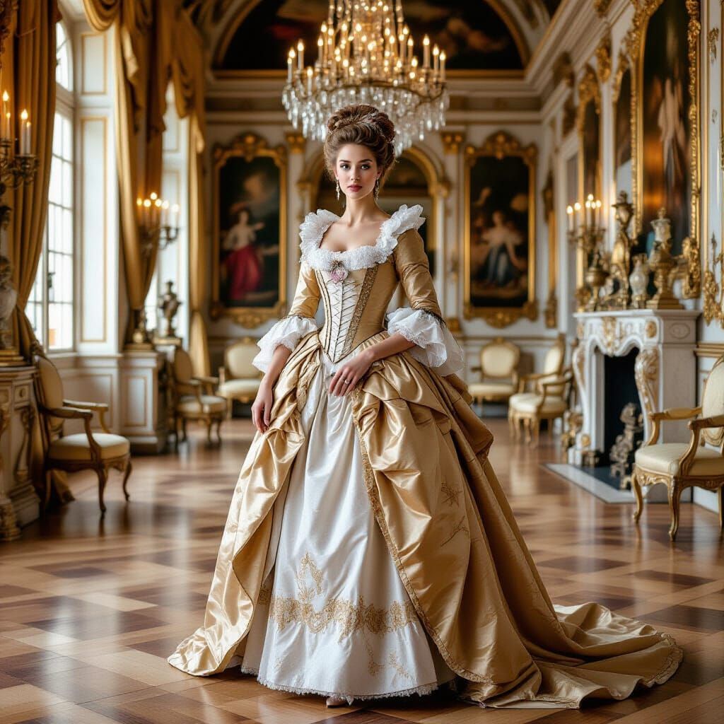 Elegant Woman in Baroque Ballroom, Golden Lighting