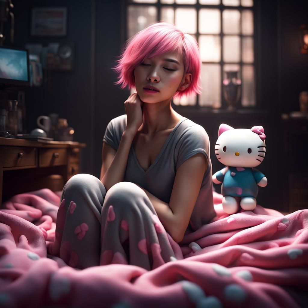 Asian Woman Sleeping with Hello Kitty Blanket