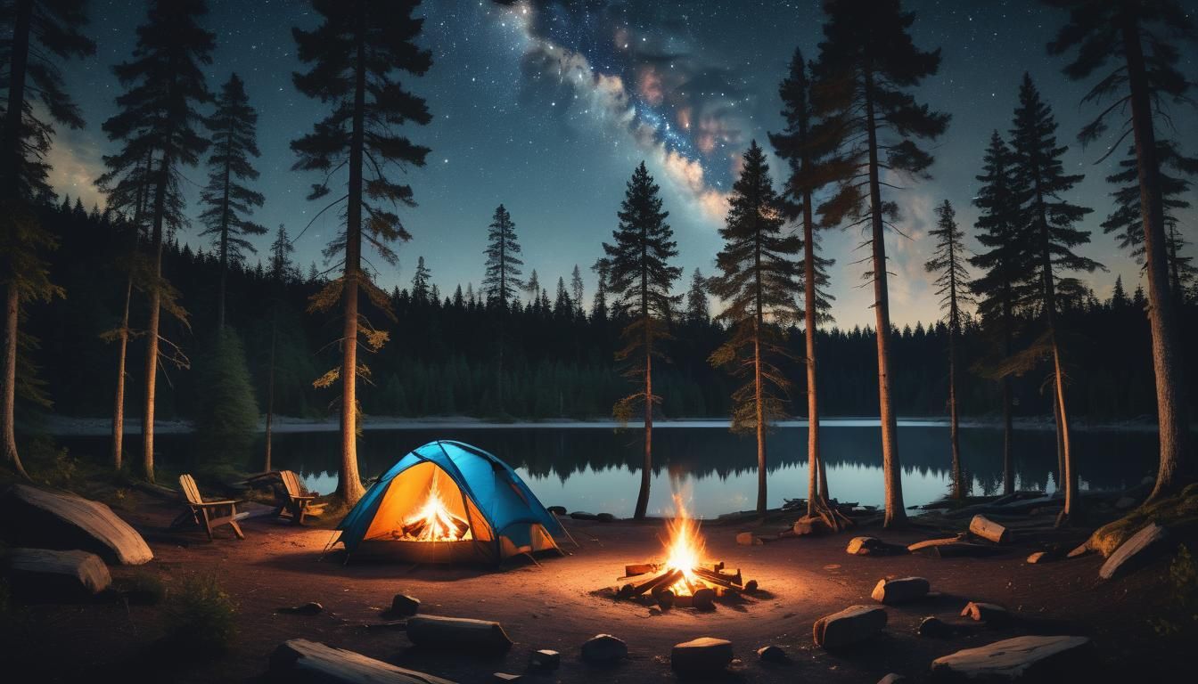 Ethereal Starry Night Over Forest Campfire