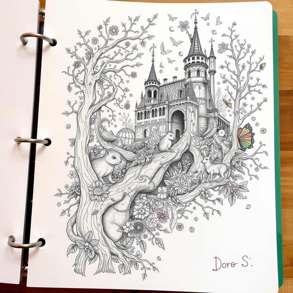Ruined Castle Doodle with Forest Animals