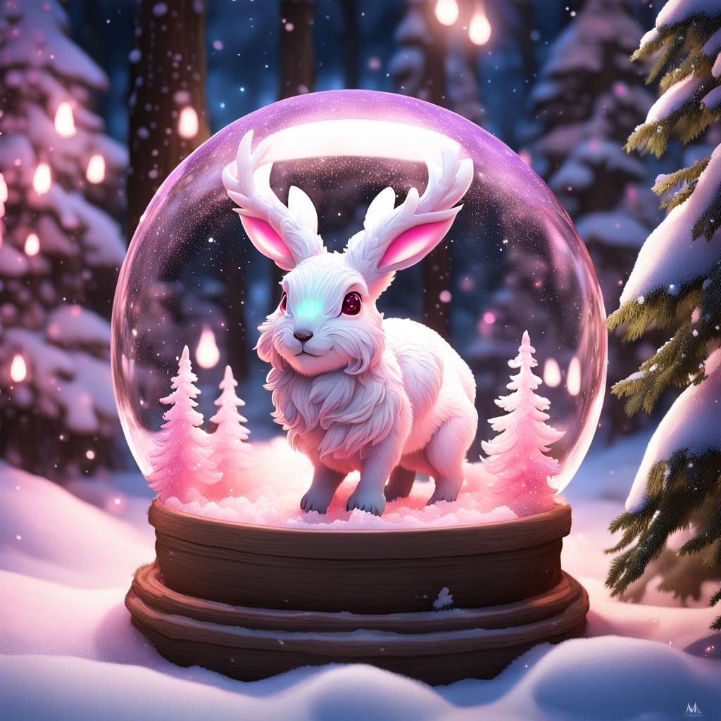 Fluffy Jackalope in Enchanted Forest Snow Globe