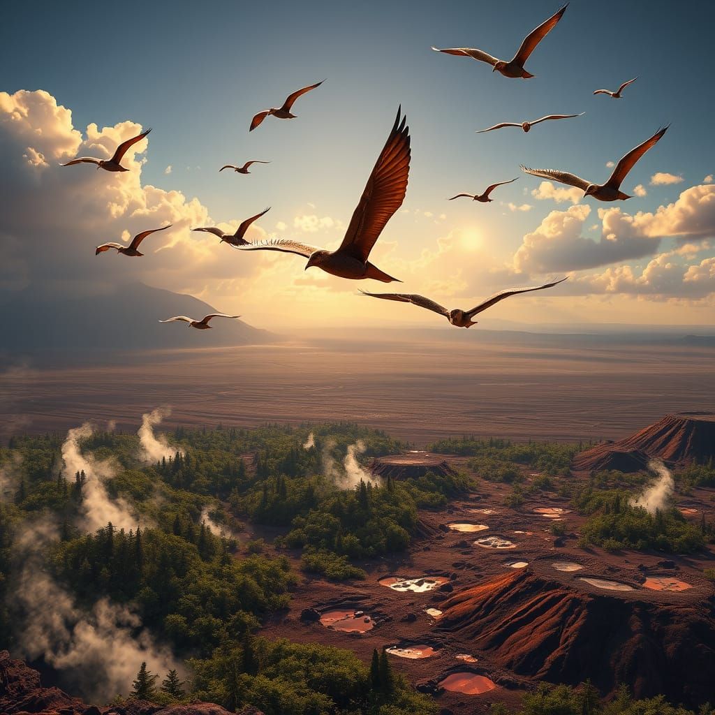 Pterodactyls Soar Above a Jurassic Volcanic Landscape