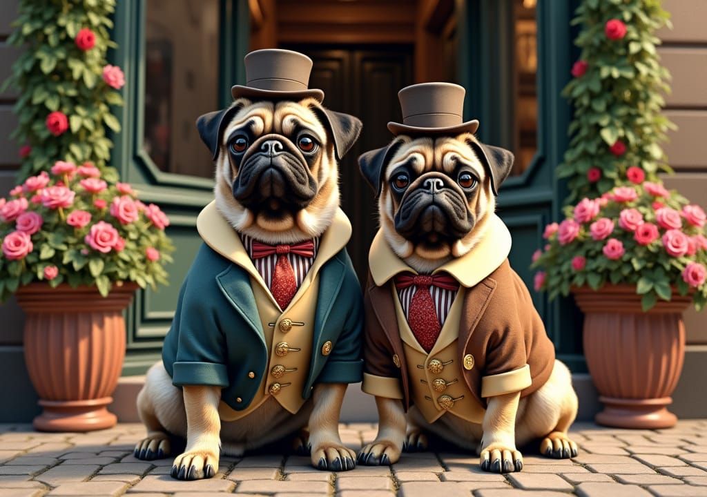Victorian Pugs in a Pre-Raphaelite Scene