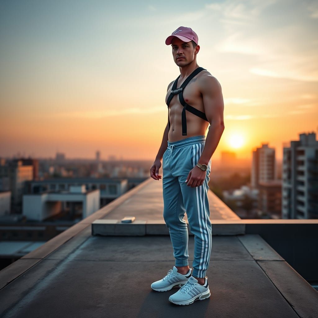 Man on Rooftop at Sunrise in Photorealistic Style