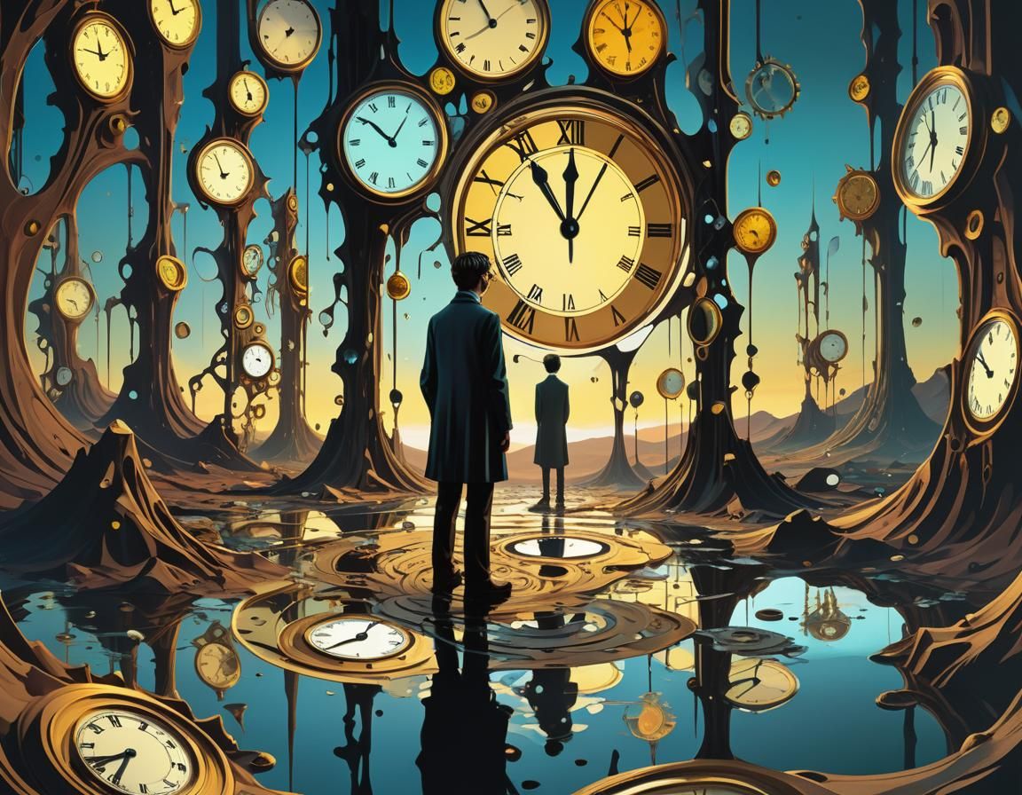 Surreal Person Amidst Melting Clocks in Digital Comic Style