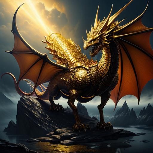 Golden Crystal Dragon in Surreal Landscape
