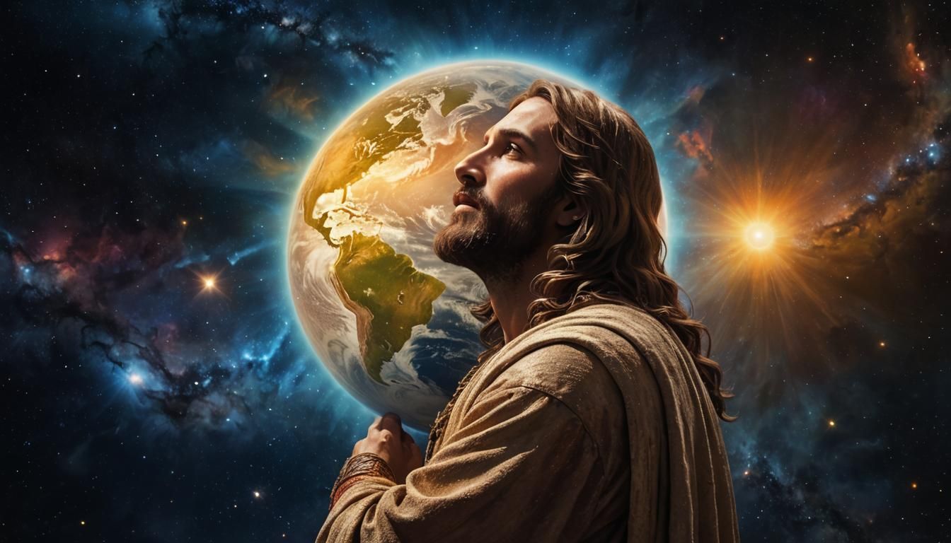Jesus Embracing Earth: Ethereal Digital Oil Painting