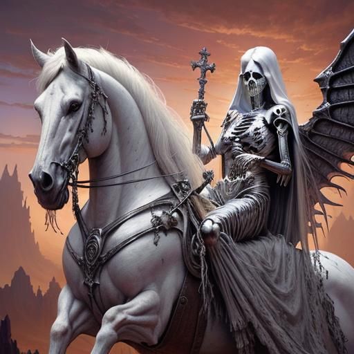 Skeleton Rider on White Horse: Dark Fantasy Art
