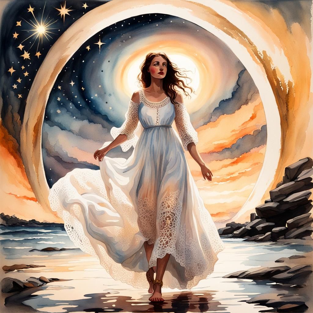 Double Exposure: Woman Walking to Black Hole