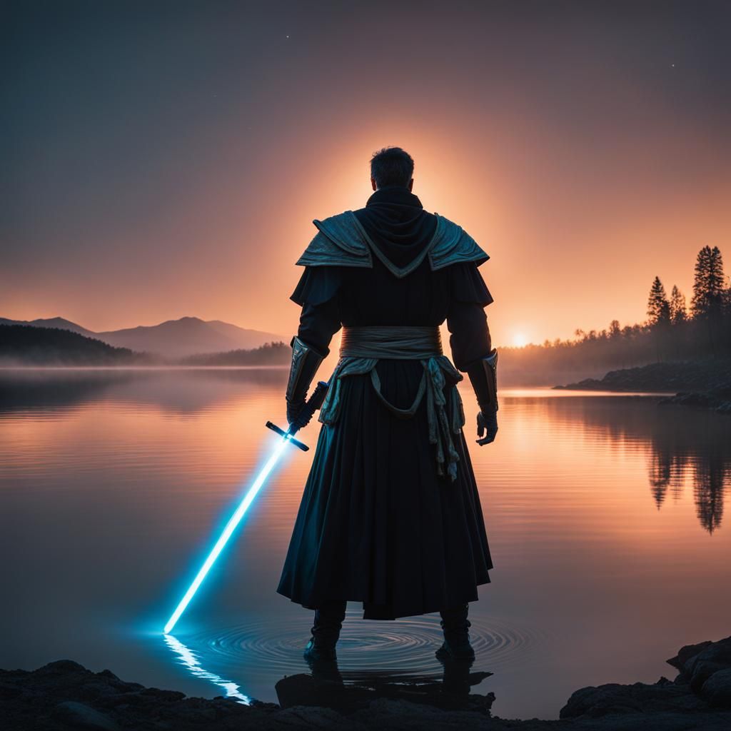 Techno-Mage Practicing on Lake Shore