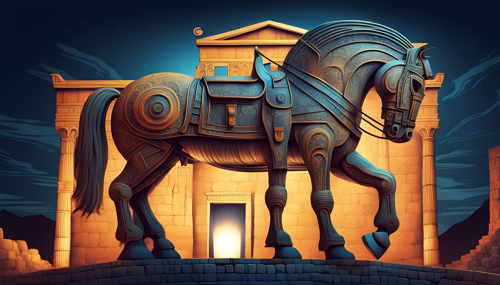 Trojan Horse at Troy Walls: Hyperdetailed Oil Painting