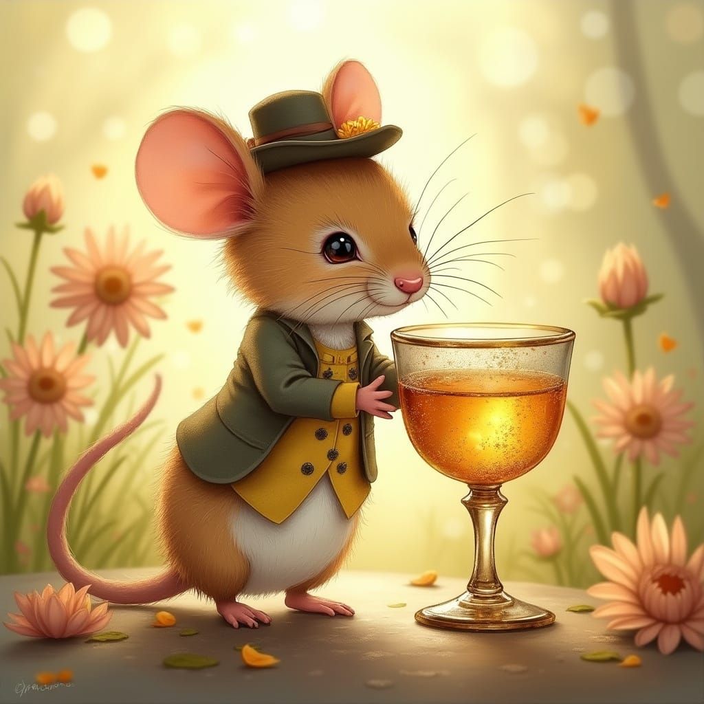 Mouse in Top Hat with Golden Goblet, Watercolor Style