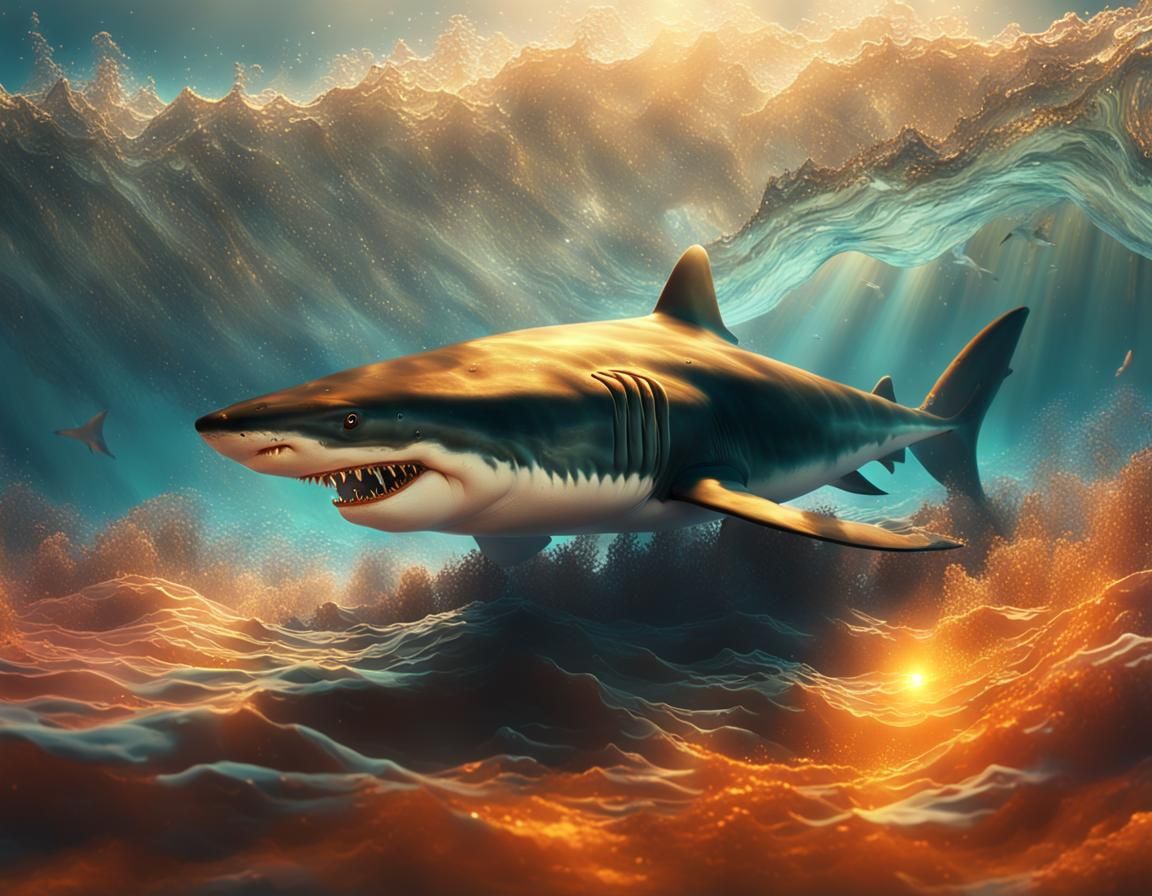 Water Shark Disintegrating in Turbulent Ocean, Digital Art