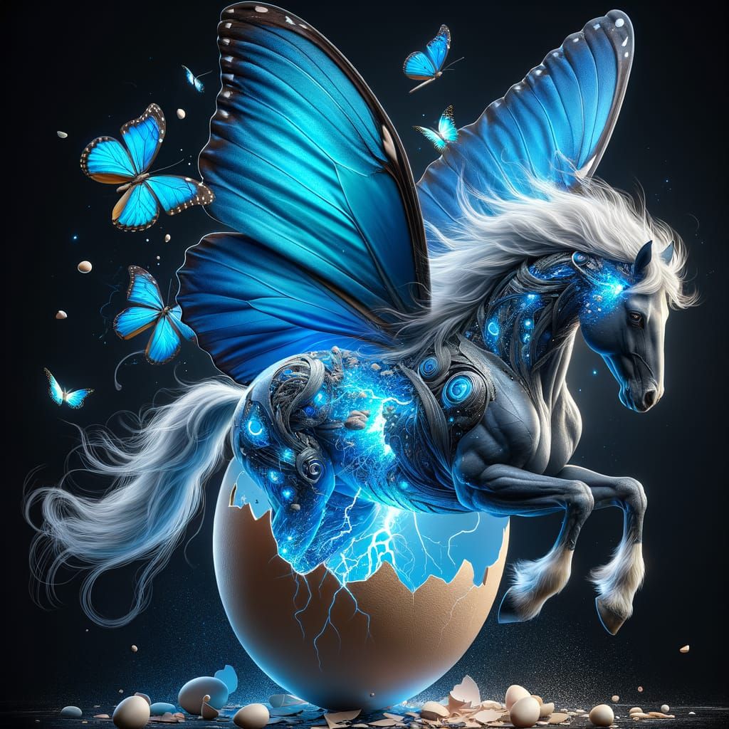Hyperrealistic Pegasus in Shattered Eggshell with Electric C...