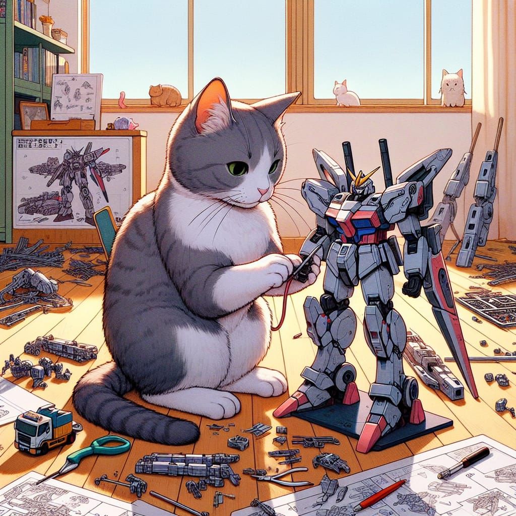 Cat Assembling a Robot Model Kit in Anime Style