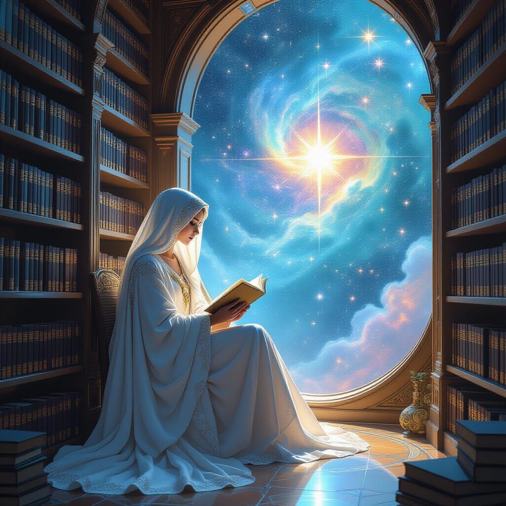 Celestial Librarian Among Glowing Books in Nebula