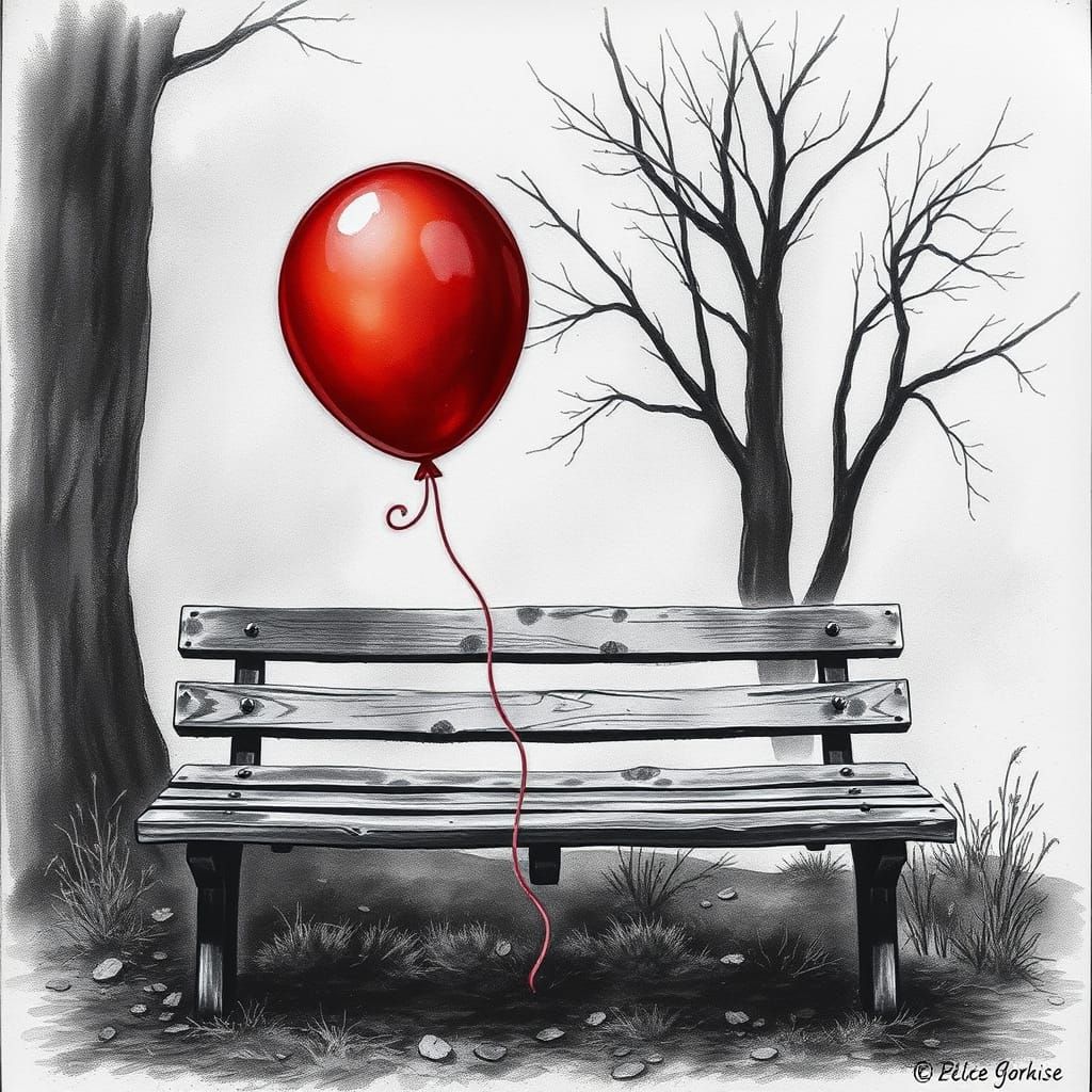 Red Balloon on Bench in Charcoal Drawing Style