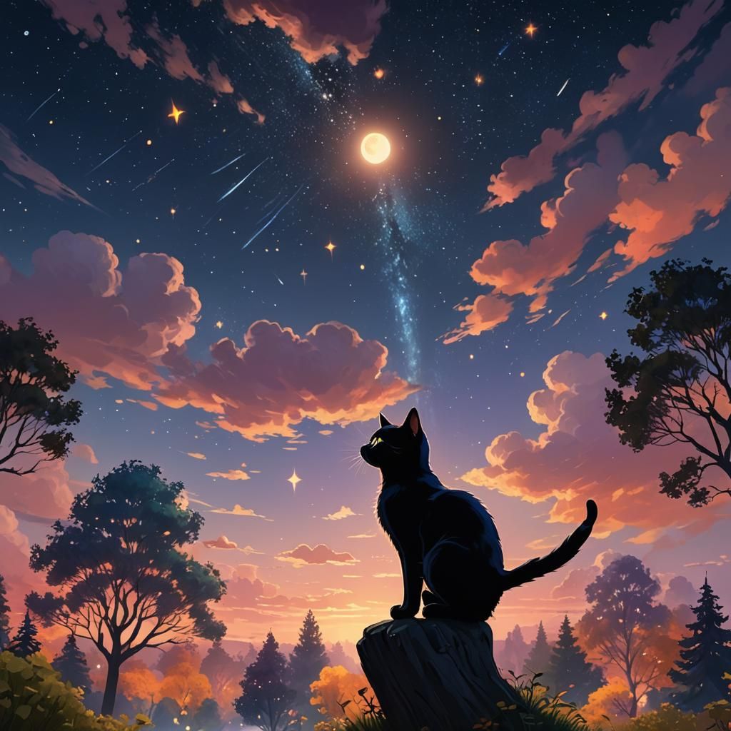 Fluffy Black Cat Gazing at Night Sky in Pixar Style