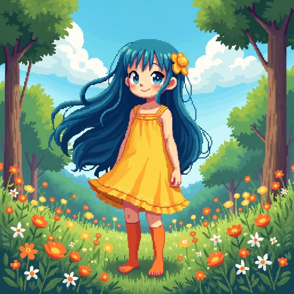 Pixel Art Girl in Meadow, 8-bit Style