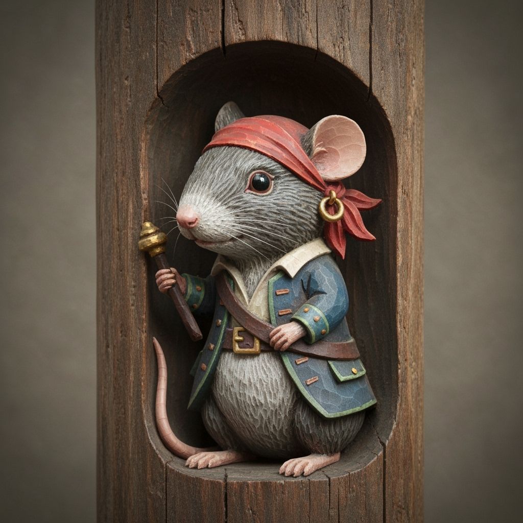 Pirate Mouse Wood Carving in Folk Art Style