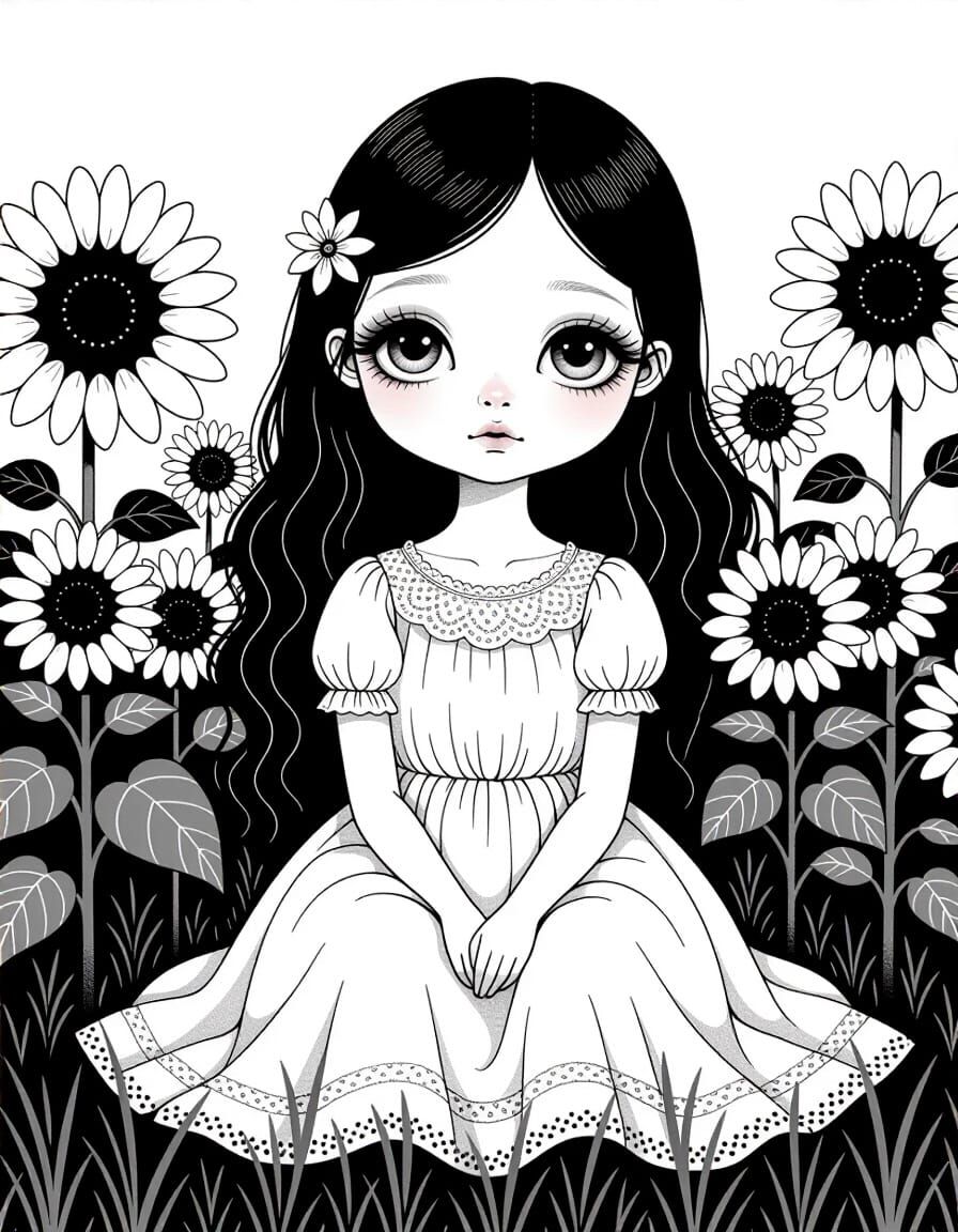 Surreal Line Art of Girl in Sunflower Field