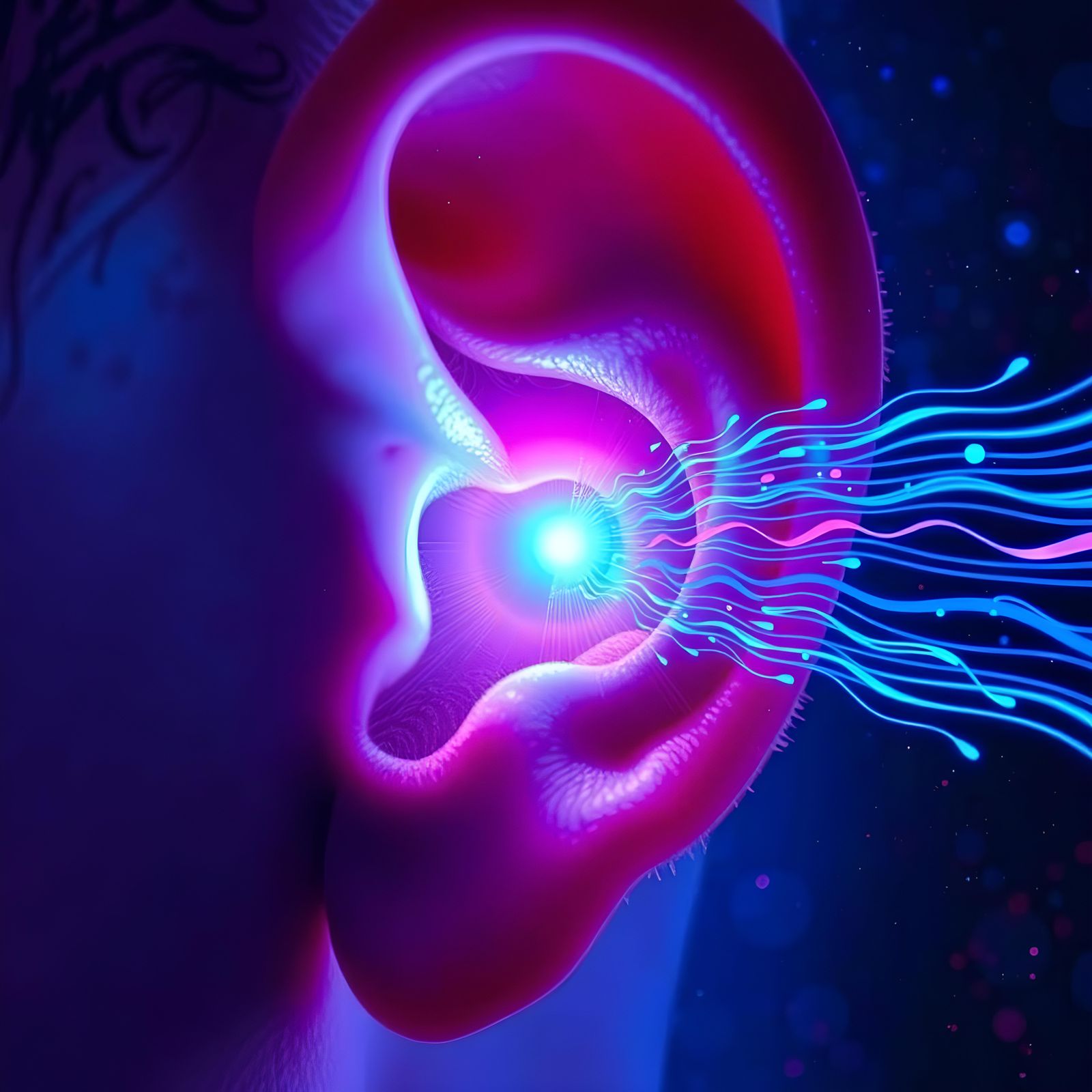 Psychedelic Ear Perceives Glowing Blue Sound Waves