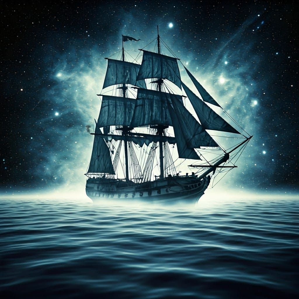 Ghostly Pirate Ship Sails Cosmic Sea in Cinematic Style