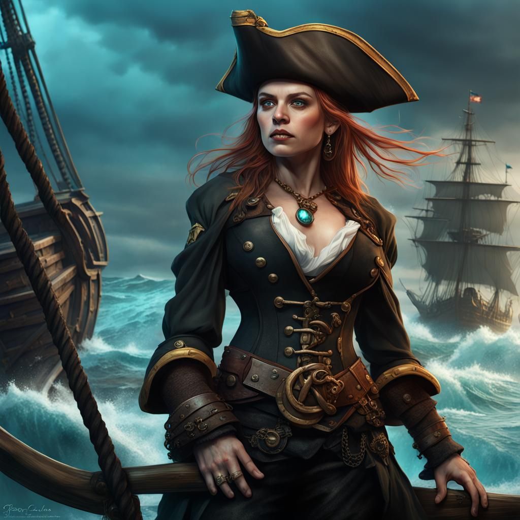 Dwarf Pirate Witch Fantasy Art on Stormy Seas