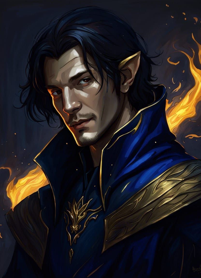 Elven Battle Mage with Macabre Smile in Dark Robe