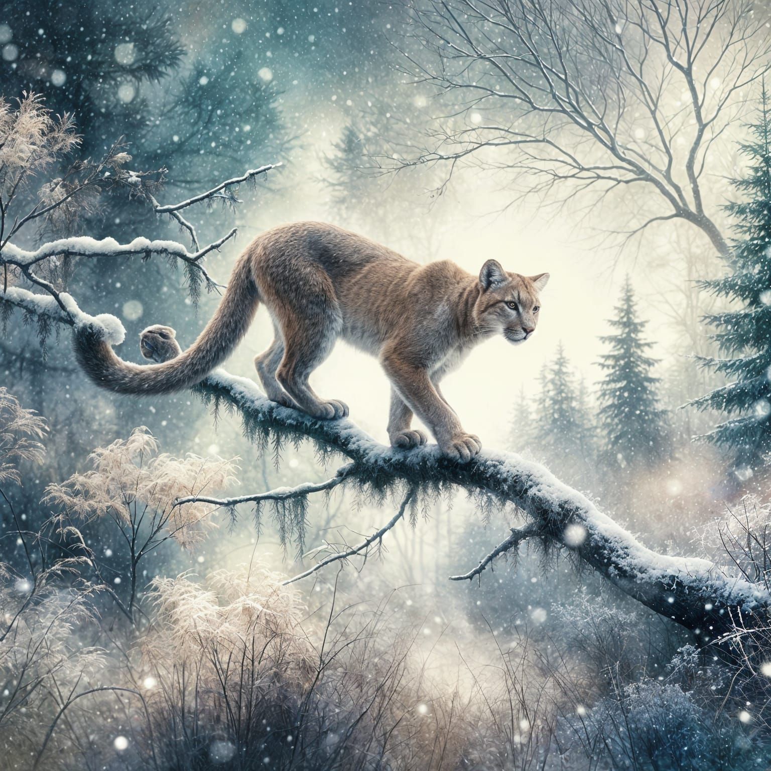 Surreal Puma Hunts in Winter Wonderland Watercolour