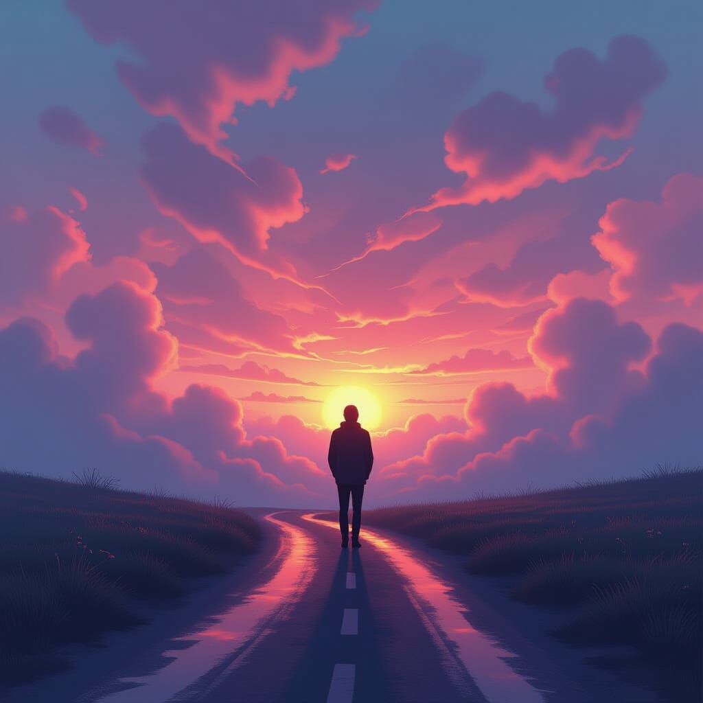 Figure at Crossroads in Kaleidoscopic Sunset