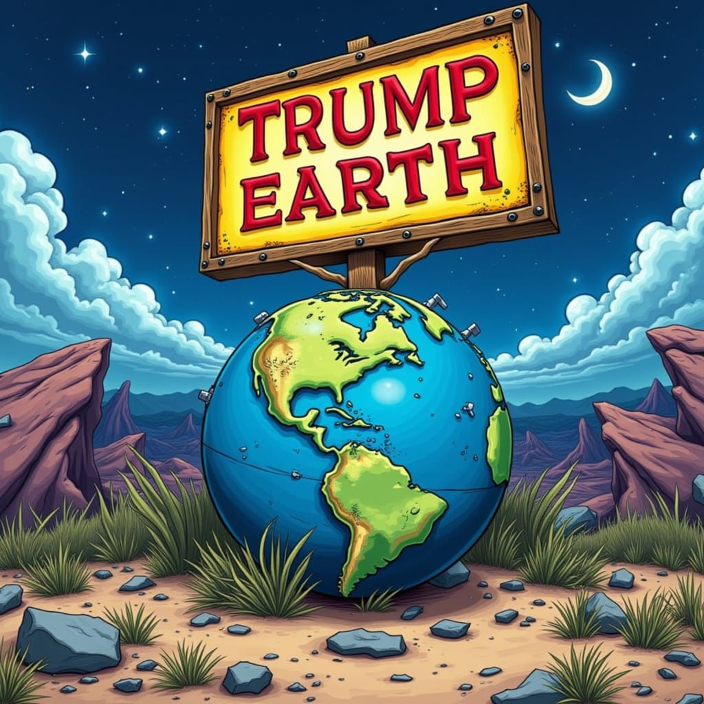 Earth Bearing the "Trump Earth" Sign in Flux Caricature Styl...