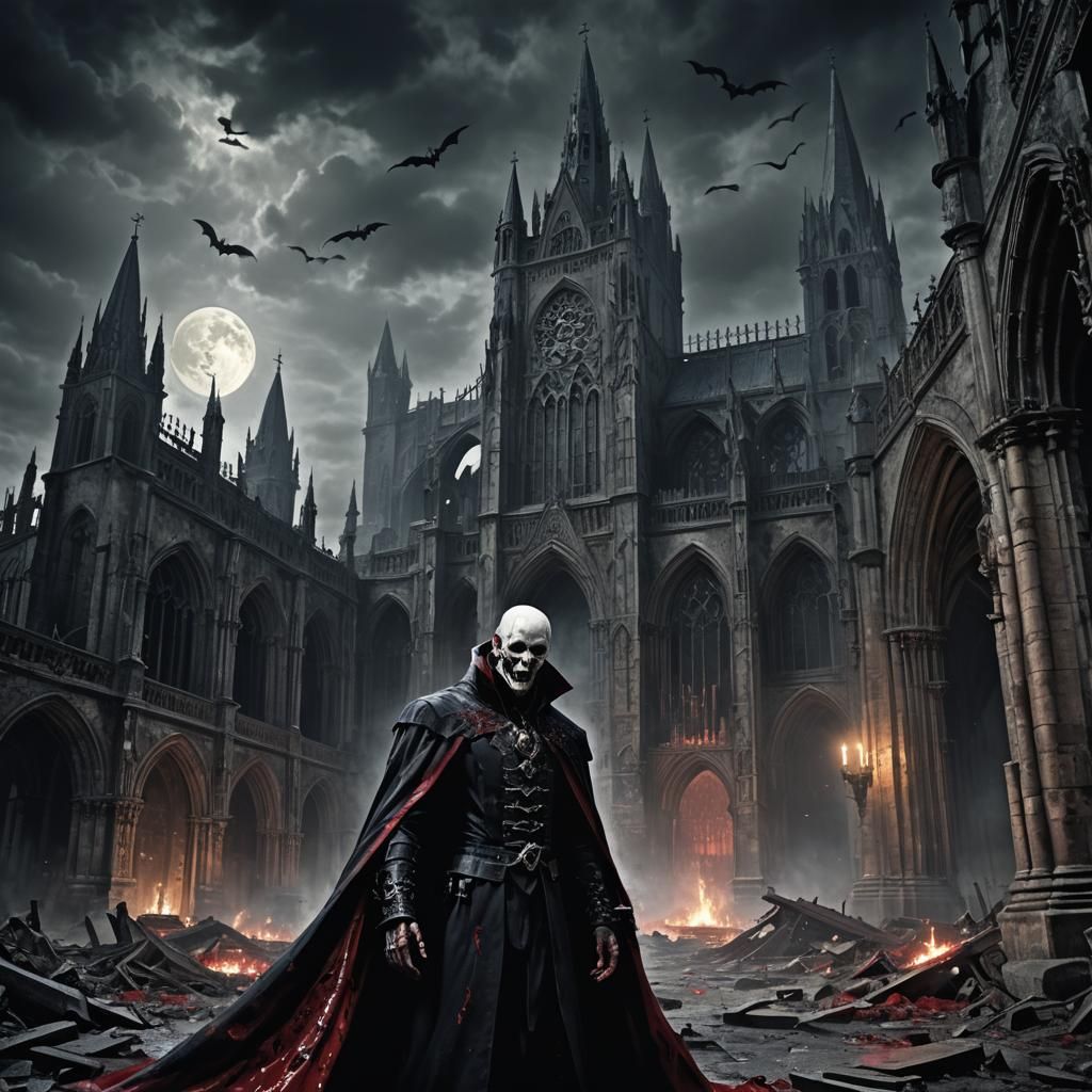 Tormented Vampire Feeding in Ruined Cathedral