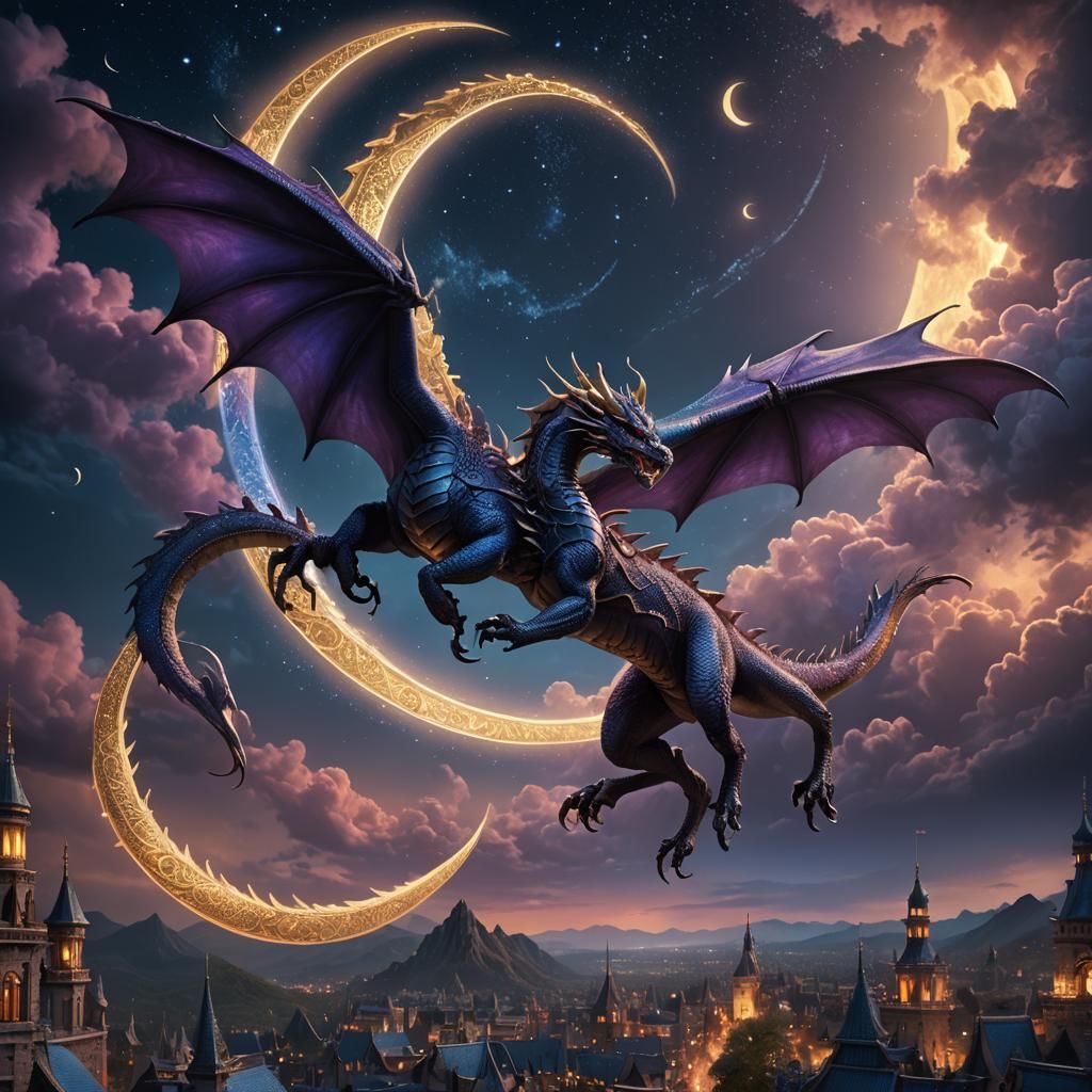 Mythical Dragon Soars Under Moonlight: Fantasy Art