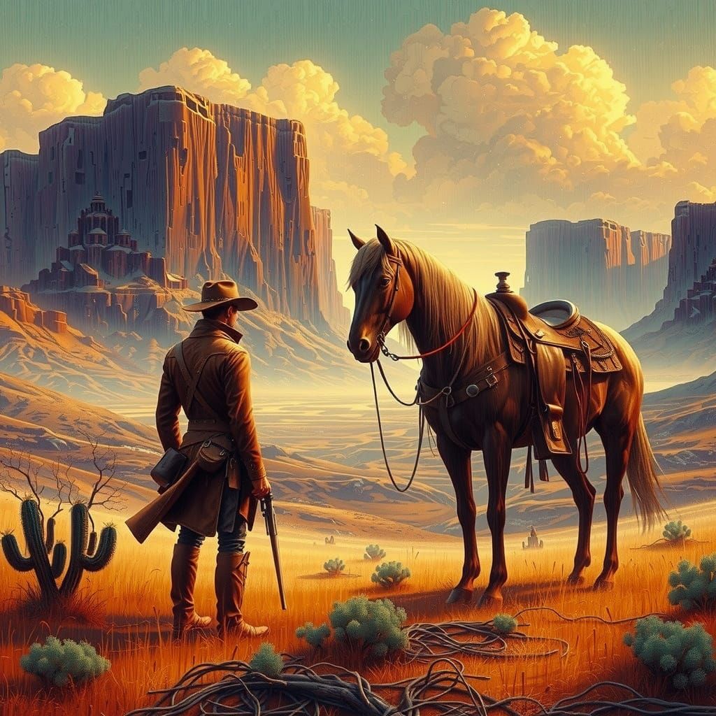 Cowboy in Old West Landscape, Surreal Futuristic Art