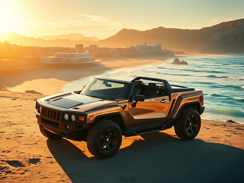 Sleek Solarpunk Super Car in French Beach Landscape, Sunrise
