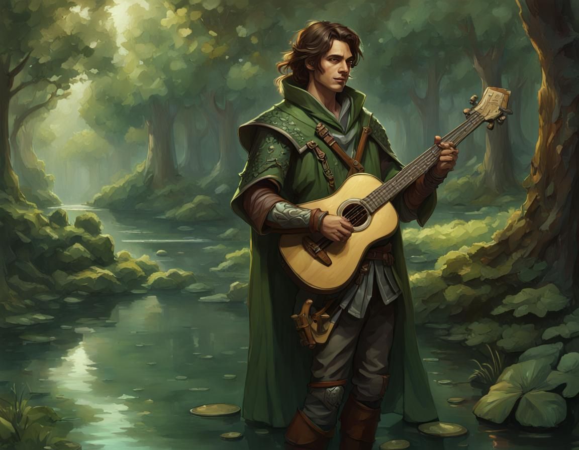 Bard in Enchanted Forest: Dark Fantasy Concept Art