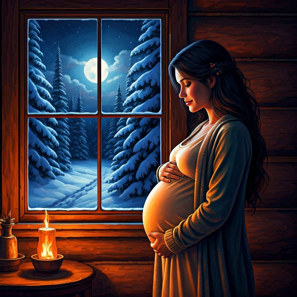 Pregnant Woman in Snowy Cabin, Warm Fire Glow