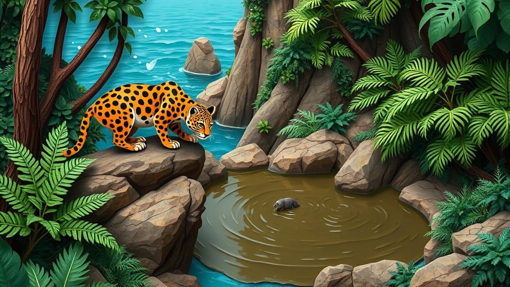 Quilling Paper Ocelot Hunts in Lush 3D Forest