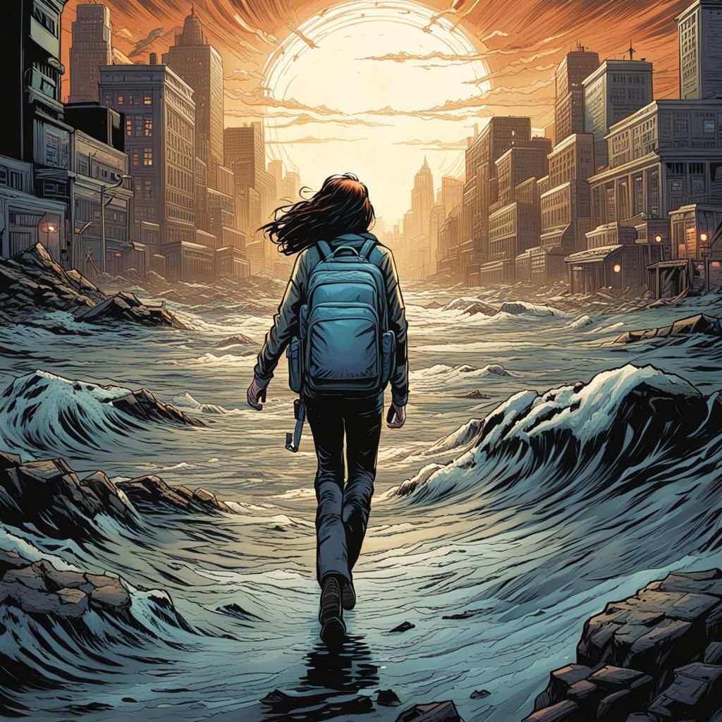 Girl on Strand in Comic Book Art Style