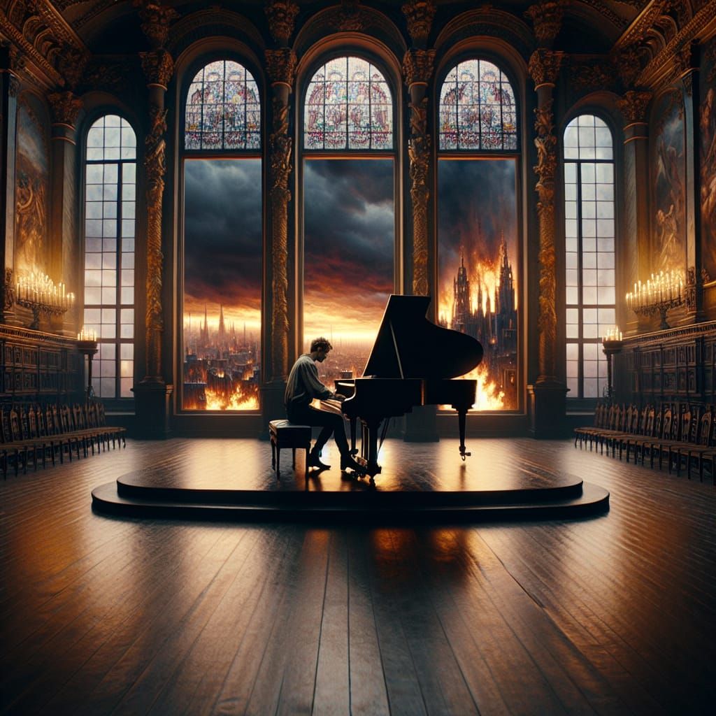 Melancholic Piano Performance in Burning Metropolis