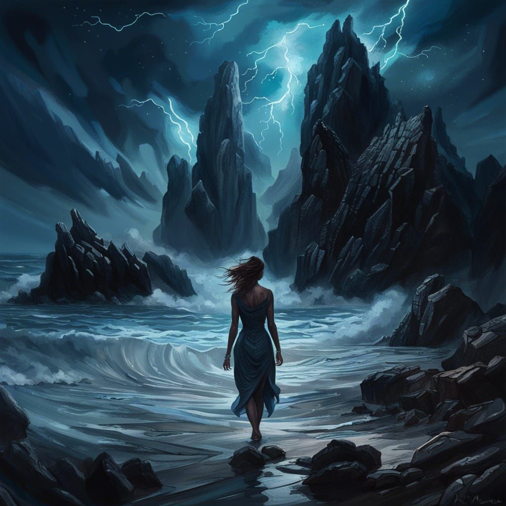 Woman Walks Shoreline Under Stormy Starry Skies