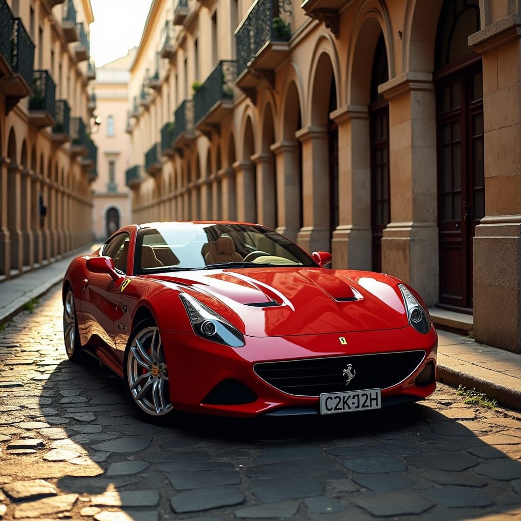 Red Ferrari on Cobblestone Street in Baroque Style