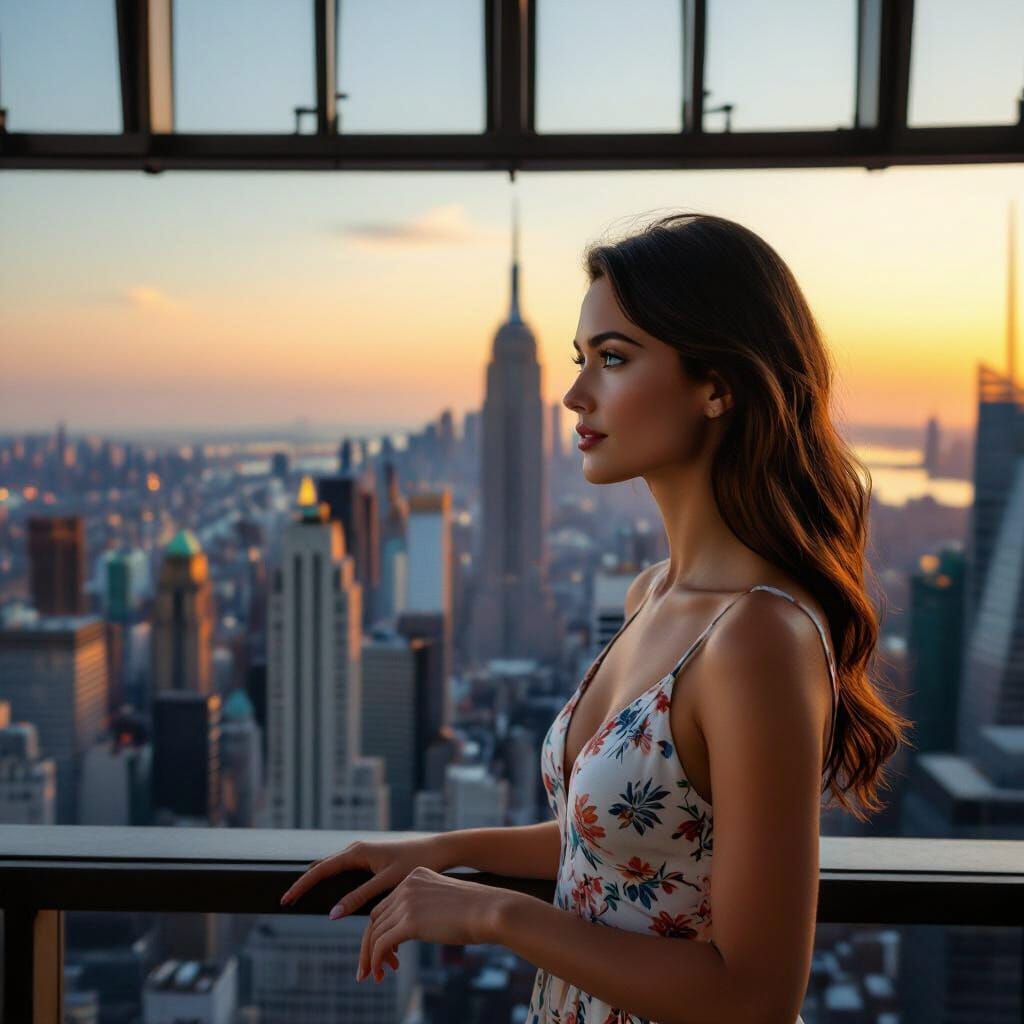 Scandinavian Woman Gazing at Manhattan in Sunset Light