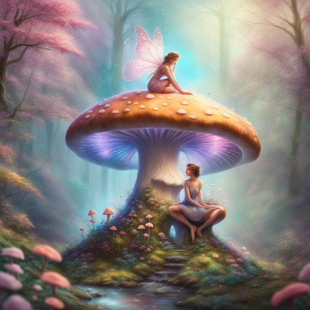 Ethereal Fairy on Mushroom in Spring Forest