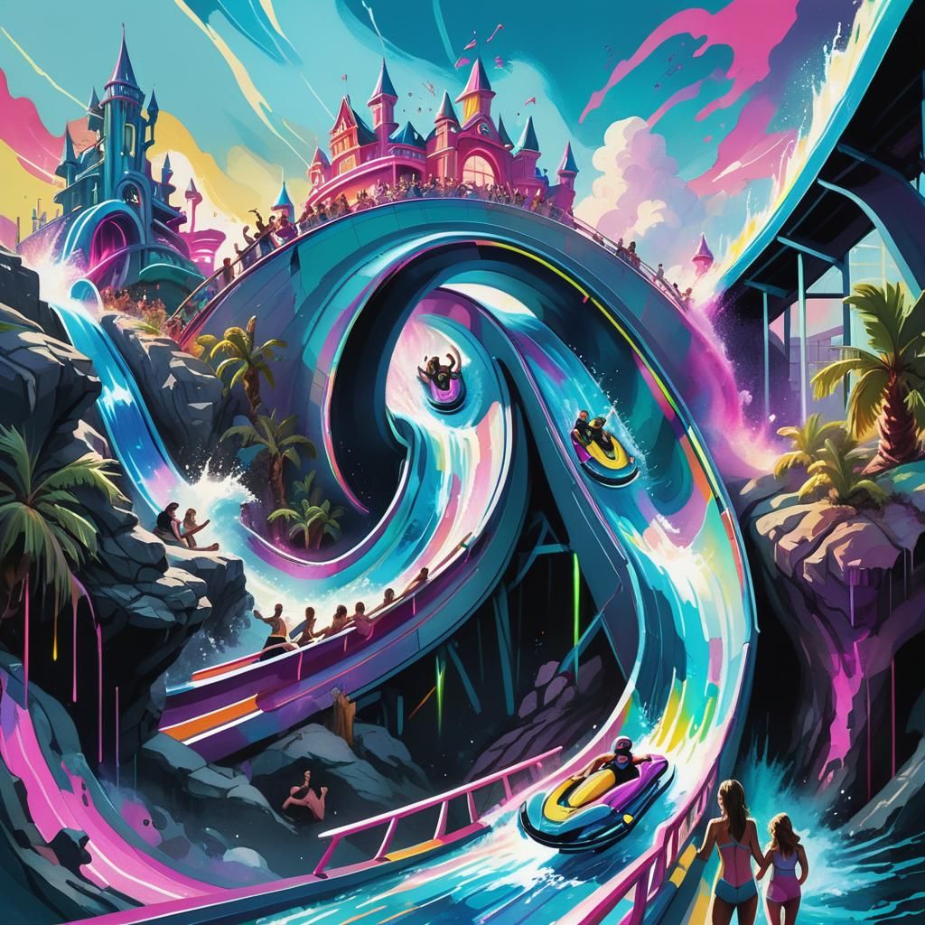 Futuristic Theme Park Thrill-Seekers in Watercolour Cartoon ...