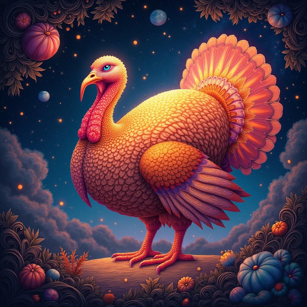 Cosmic Thanksgiving Turkey with Ethereal Friends, Mixed Medi...