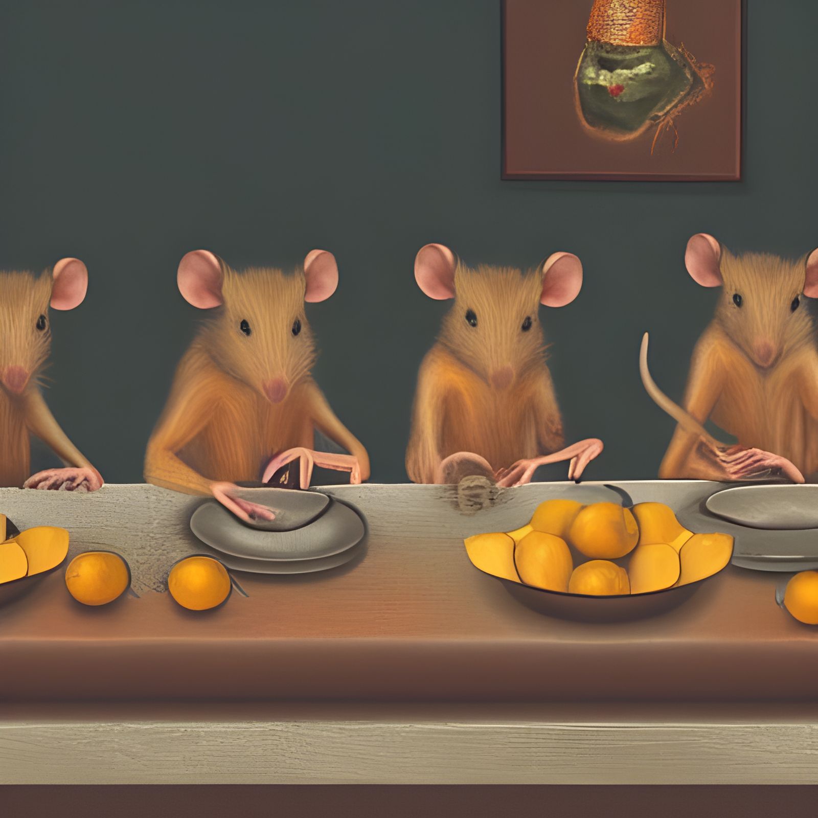 Humanoid Rats' Fruit Feast on Long Table