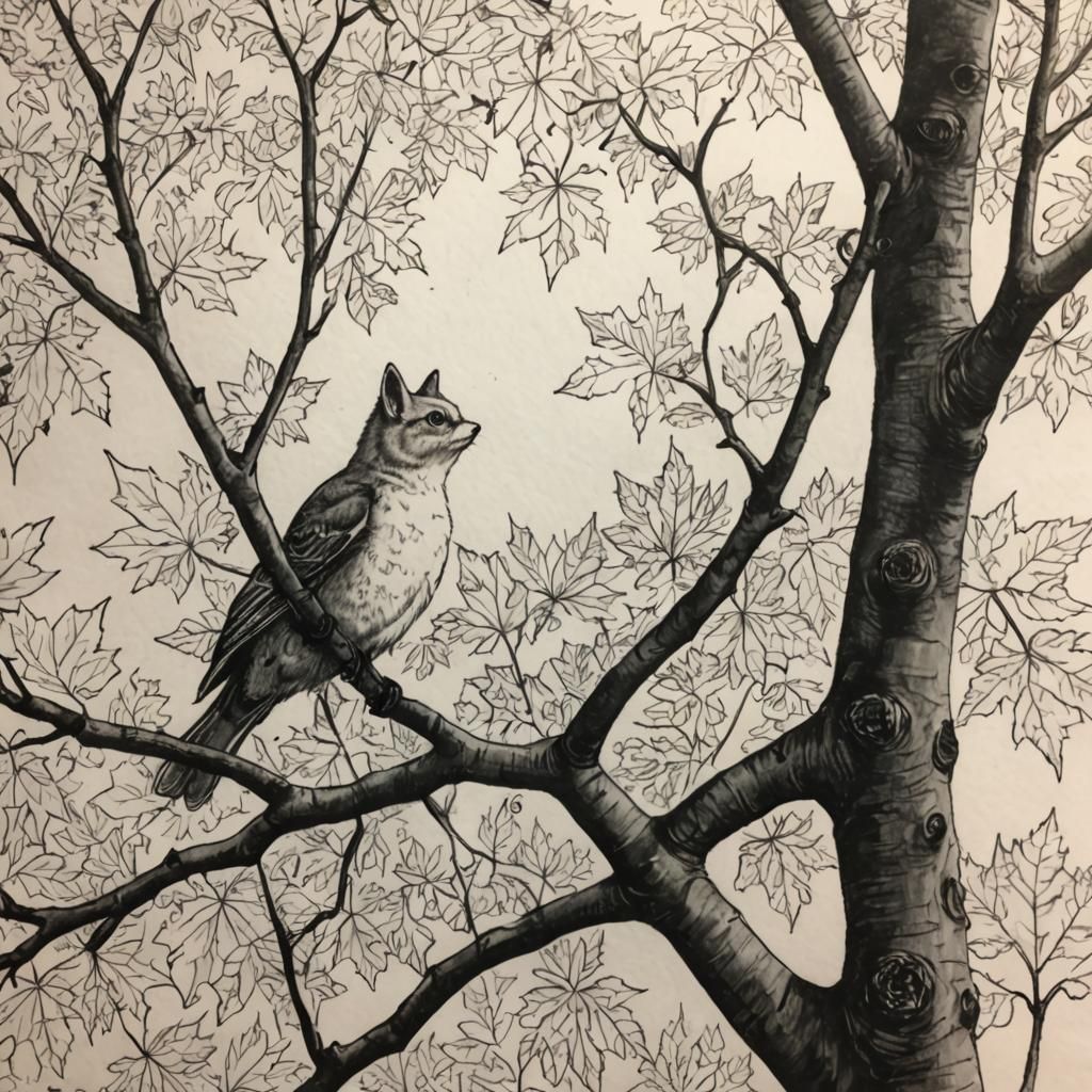 Perched in a Maple Tree: An AI Art Drawing