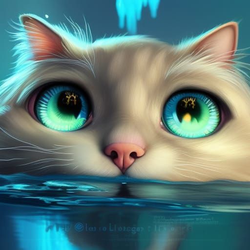 Cute Cat Underwater in Oil Painting Style